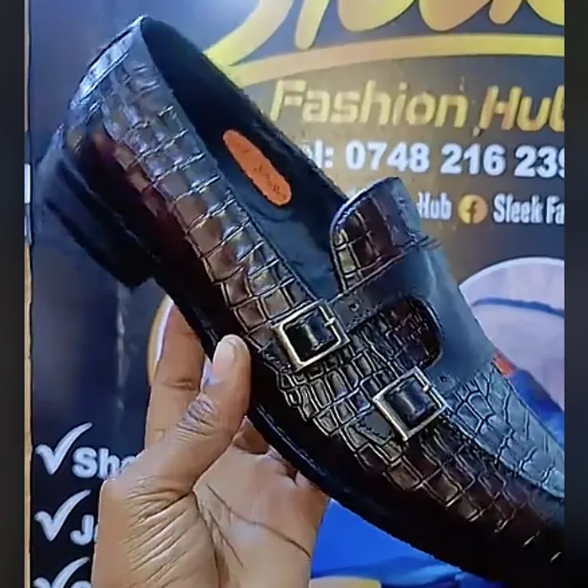 Black Croc-Embossed Double Monk in Black — thumbnail 3