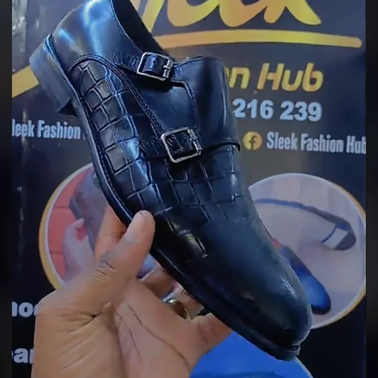 Black Croc-Embossed Double Monk