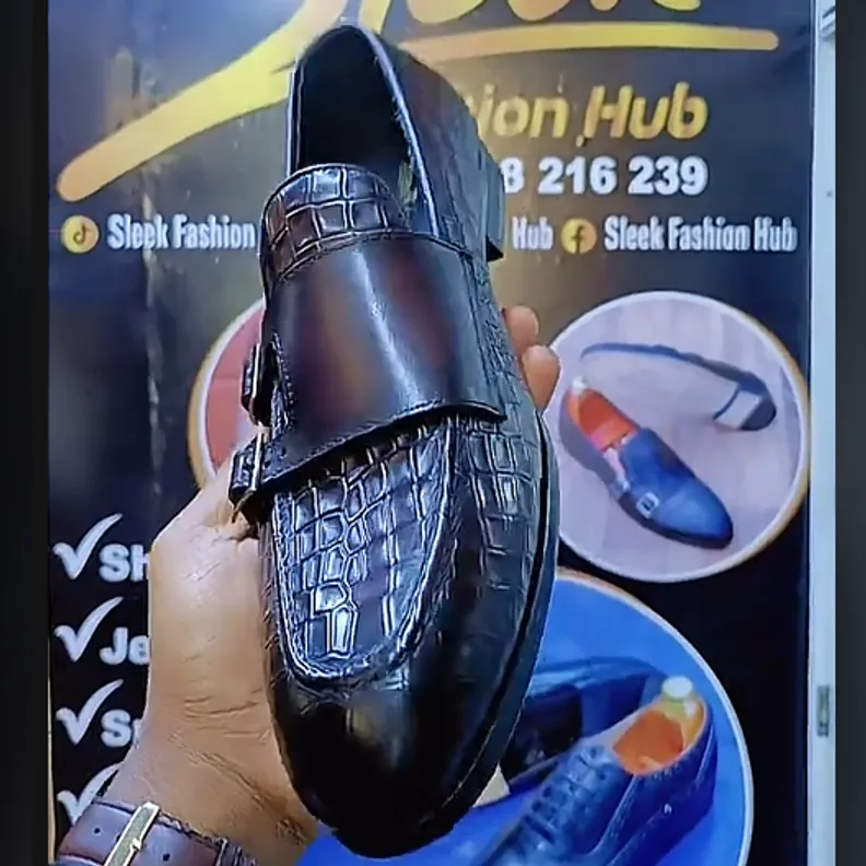 Black Croc-Vamp Double Monk — Black