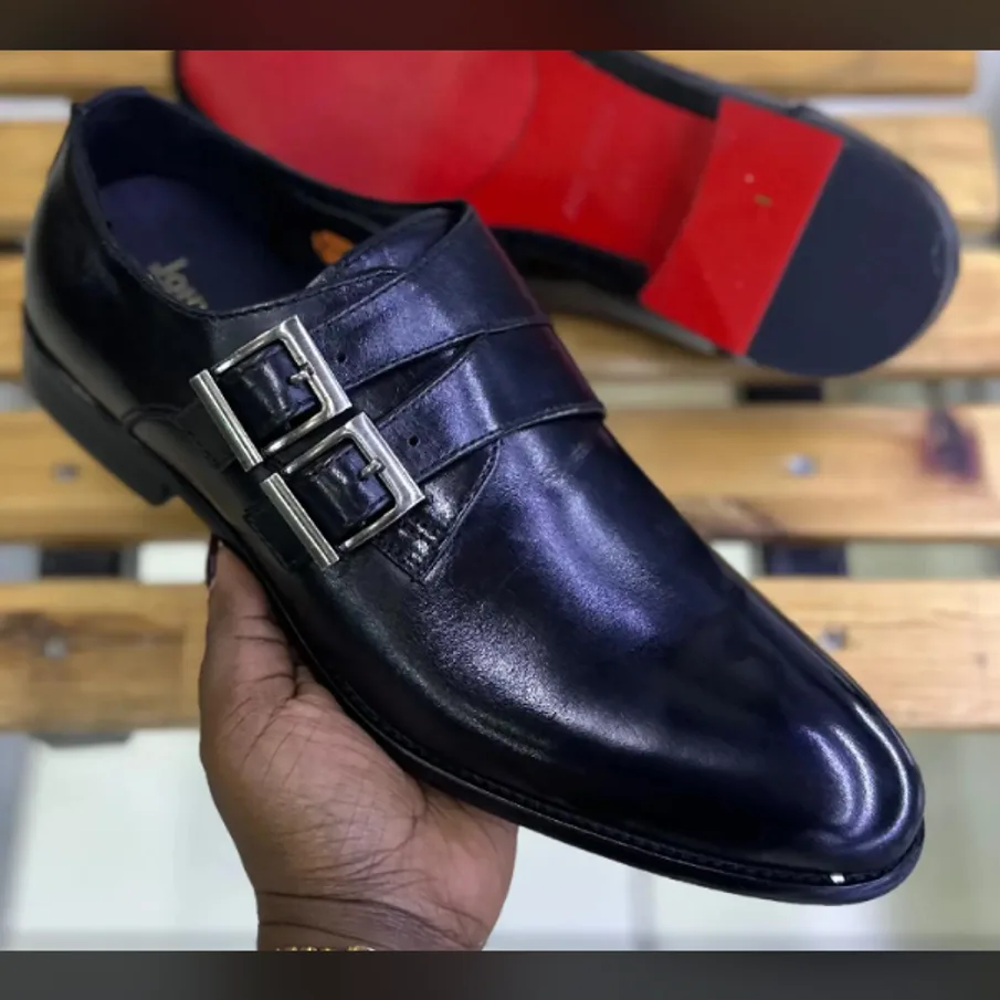Black Polished Double Monk Strap — Black