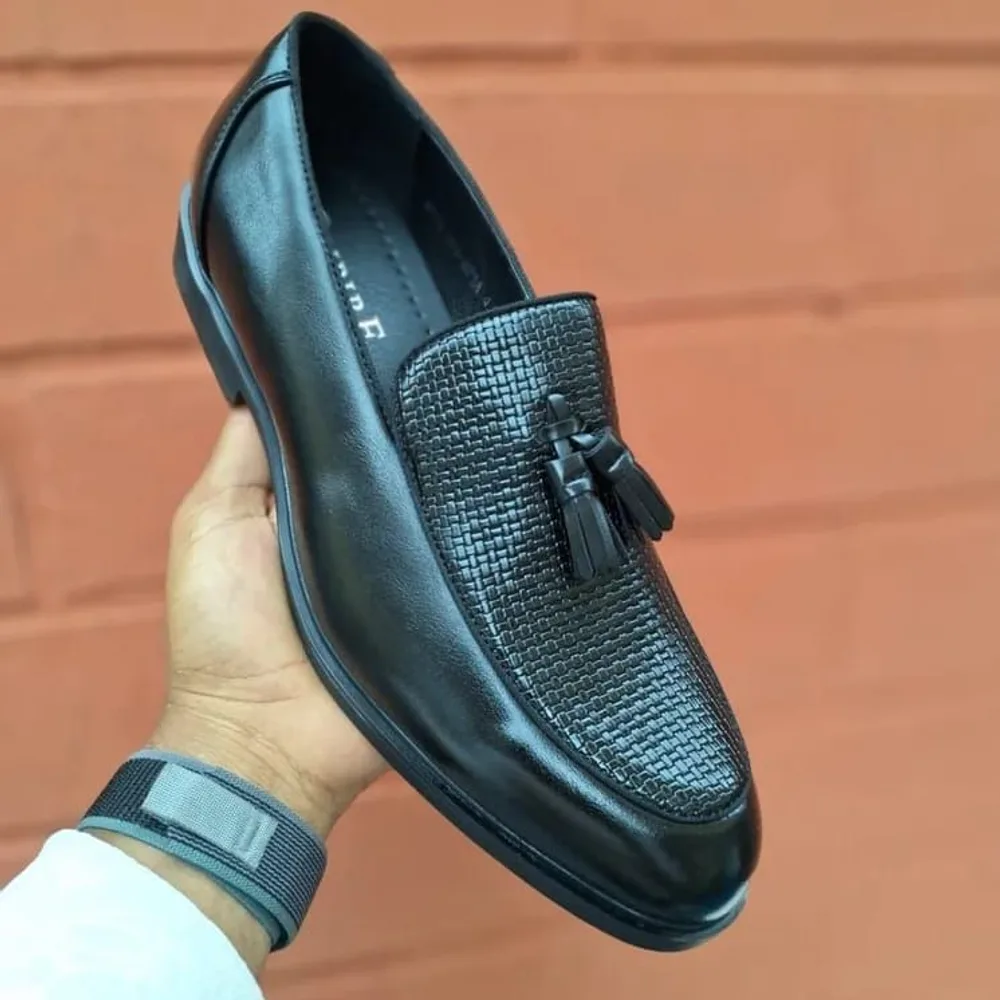 Black Woven-Vamp Tassel Loafer — Black