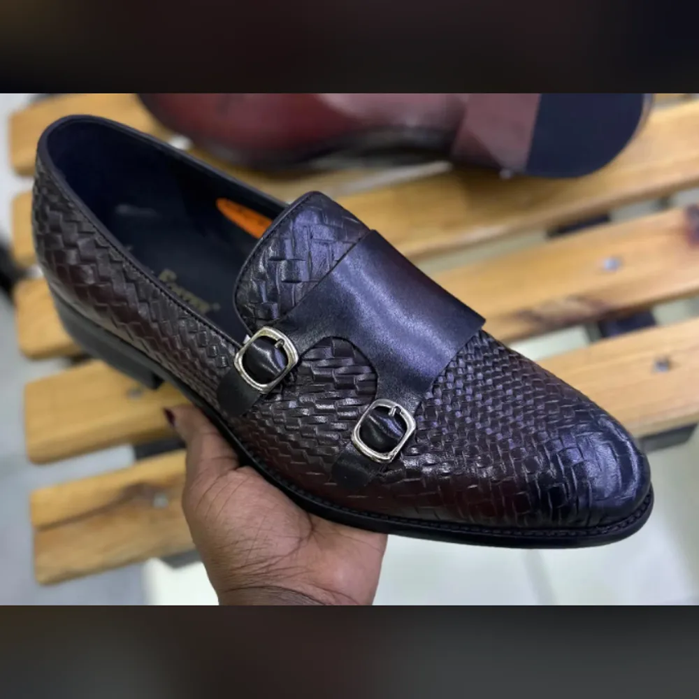Brown Woven Double Monk Strap in Dark Brown — thumbnail 2