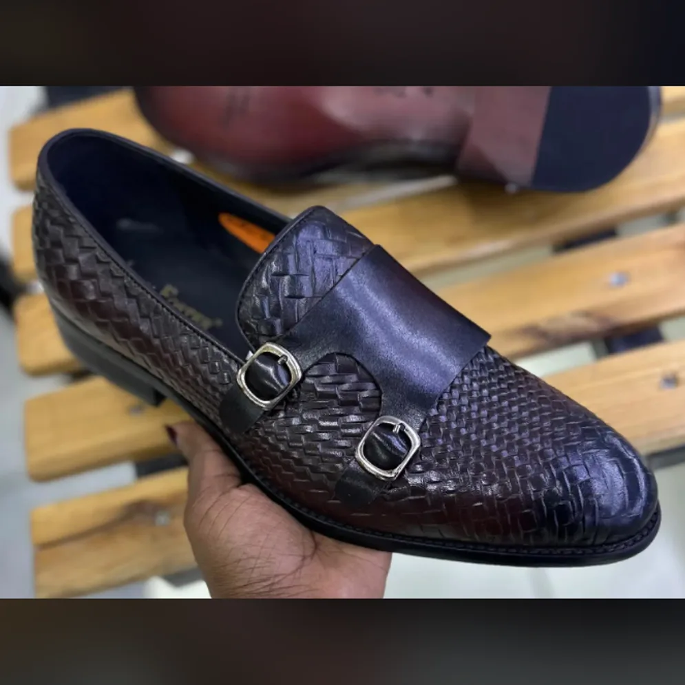 Brown Woven Double Monk Strap — Dark Brown
